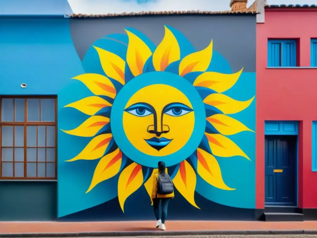 Un mural callejero vibrante en Montevideo, Uruguay, fusionando símbolos tradicionales con elementos abstractos modernos, reflejando el arte contemporáneo uruguayo sociedad mensaje