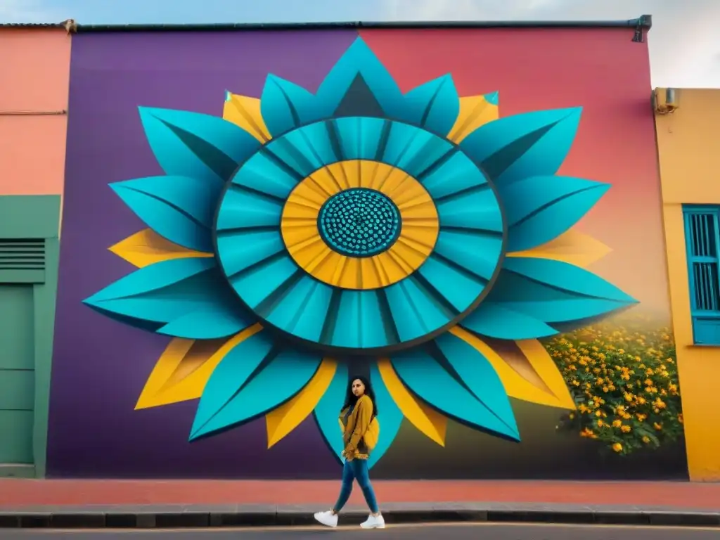 Un mural callejero vibrante en Montevideo, Uruguay, fusionando símbolos tradicionales con técnicas modernas