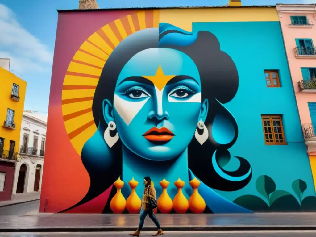 Un mural callejero vibrante en Montevideo, Uruguay, fusionando símbolos tradicionales con técnicas artísticas contemporáneas