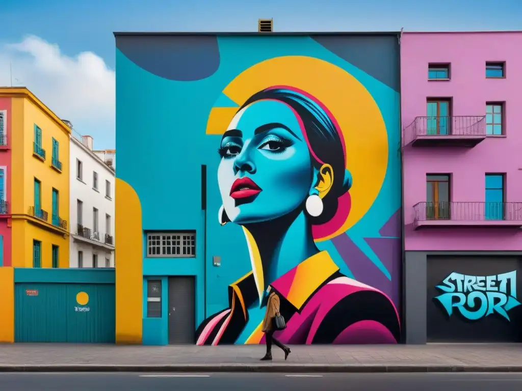 Un mural callejero vibrante en Montevideo, Uruguay, fusionando surrealismo y formas abstractas en una paleta de colores audaz