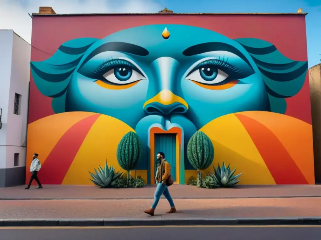 Un mural callejero vibrante en Montevideo, Uruguay, que fusiona técnicas artísticas tradicionales e innovadoras