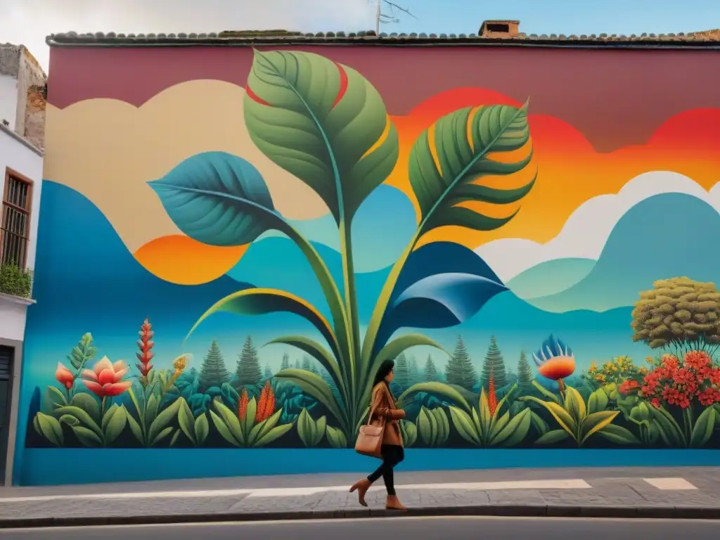 Un mural callejero vibrante en Montevideo fusionando técnicas de graffiti con arte digital, reflejando la riqueza del arte contemporáneo uruguayo