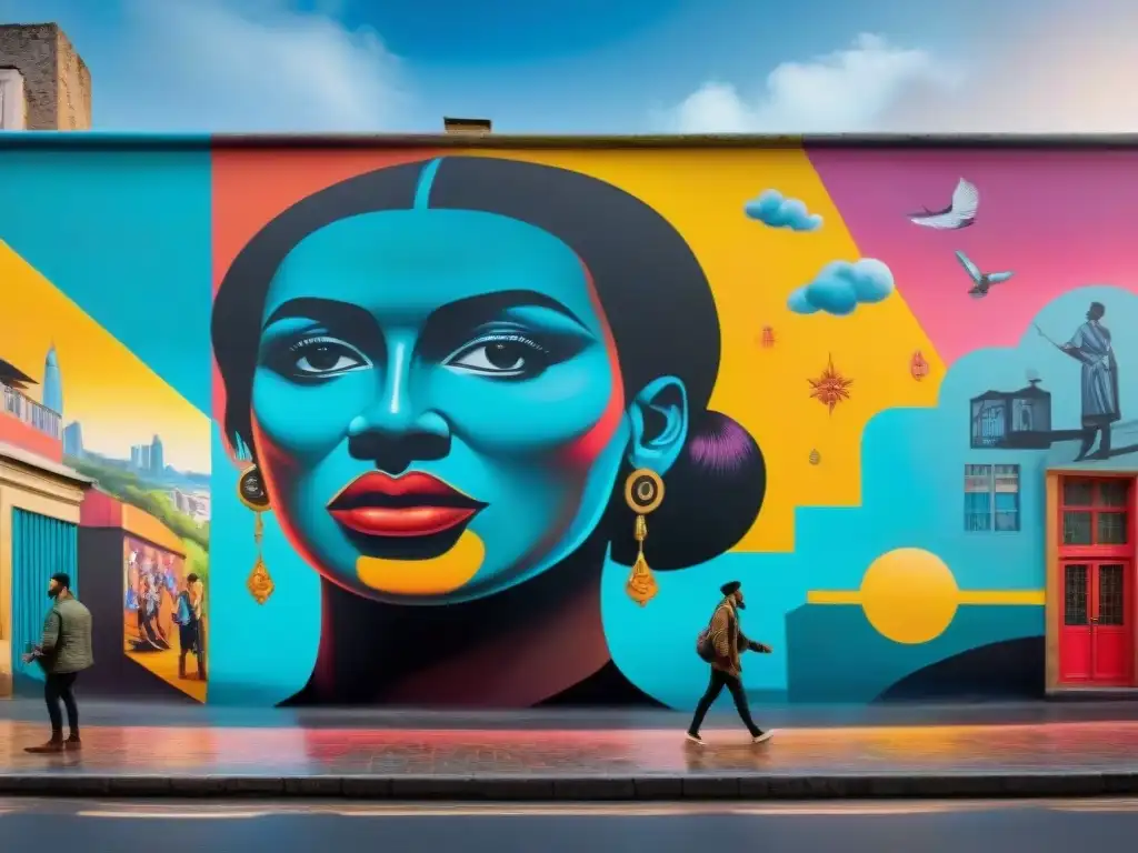 Mural callejero en Uruguay refleja vida cotidiana: mercado bullicioso, grafitis coloridos y personas diversas en actividades animadas