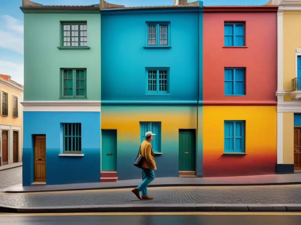 Un mural cautivador que muestra una calle urbana bulliciosa en Uruguay con detalles fotorrealistas y arte vibrante