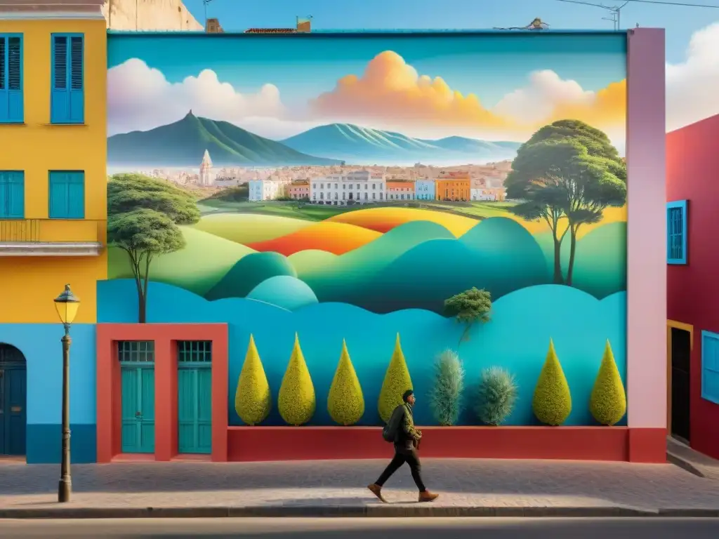 Un mural colaborativo en Montevideo, Uruguay, muestra artistas creando arte sostenible inspirado en la naturaleza y cultura locales