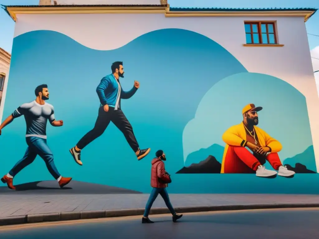 Mural colorido de colectivos artísticos en Uruguay trabajando juntos en pieza gigante de unidad y diversidad cultural