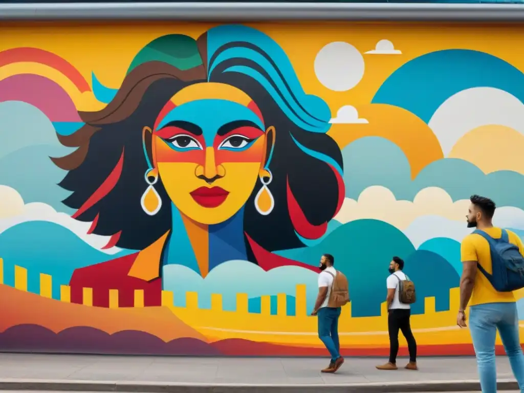 Un mural colorido y diverso creado por artistas inmigrantes en Uruguay, fusionando culturas y estilos para representar unidad y creatividad