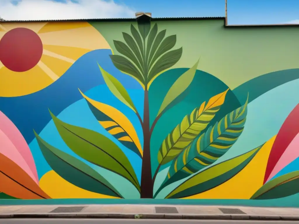 Un mural comunitario en Uruguay muestra arte sostenible con detalles vibrantes de flora, fauna y geometría