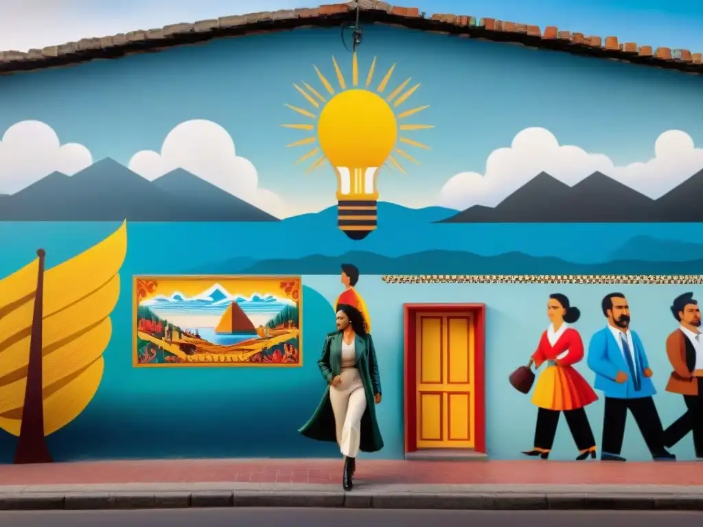 Un mural comunitario vibrante y detallado en Uruguay, reflejando la rica historia y patrimonio cultural del país