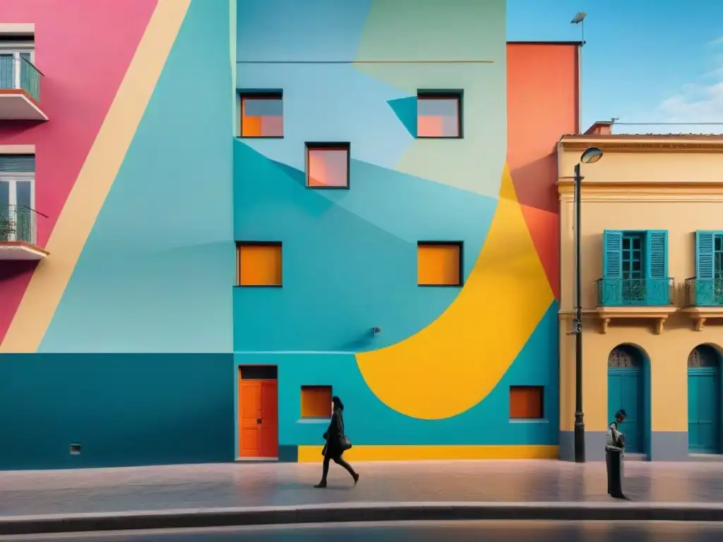 Un mural contemporáneo vibrante en Montevideo, Uruguay, con formas abstractas y colores intensos