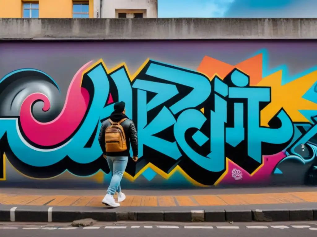 Murales vibrantes: arte urbano en Montevideo, Uruguay Un mural de graffiti detallado en Montevideo, Uruguay, muestra la vitalidad y el papel del graffiti en Uruguay