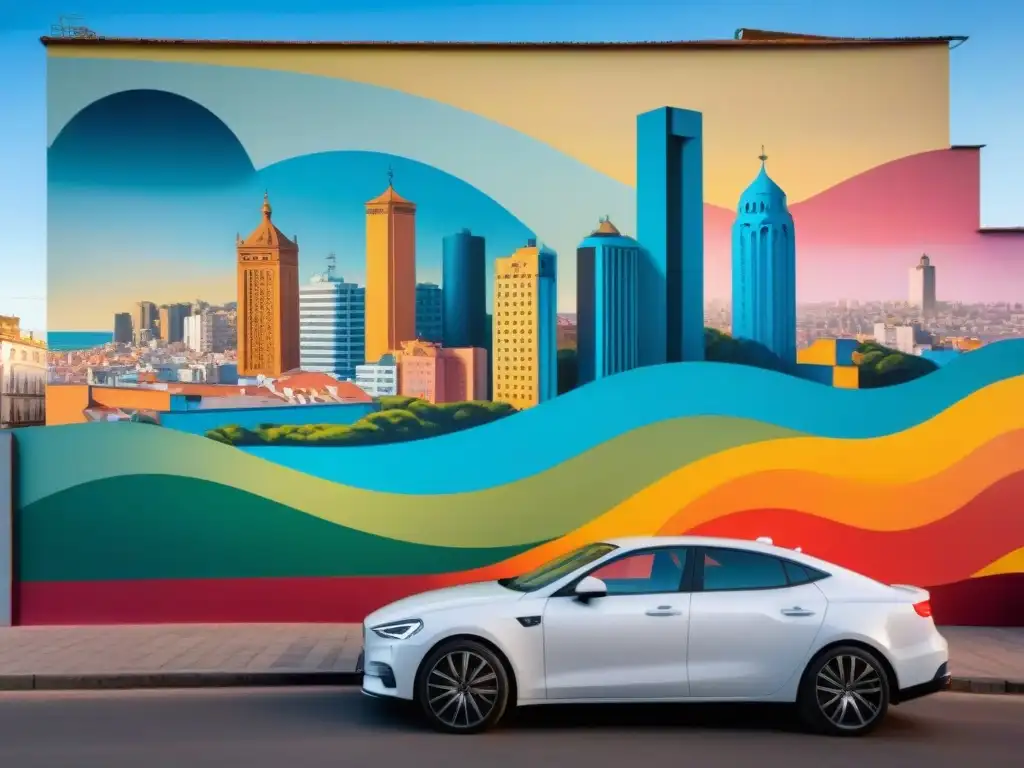 Un mural dinámico que representa artistas colaborando en un lienzo, reflejando la historia de los Movimientos artísticos uruguayos innovadores