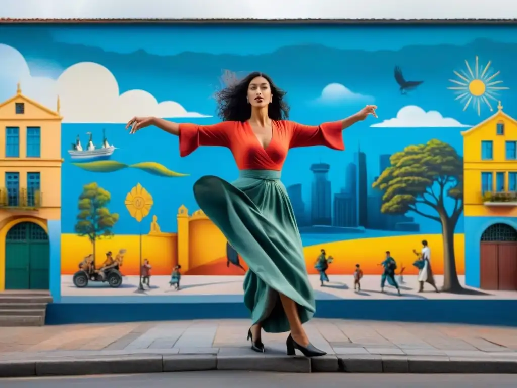 Un mural dinámico y vibrante que fusiona elementos culturales de Uruguay, como danzas tradicionales, símbolos indígenas y paisajes urbanos modernos