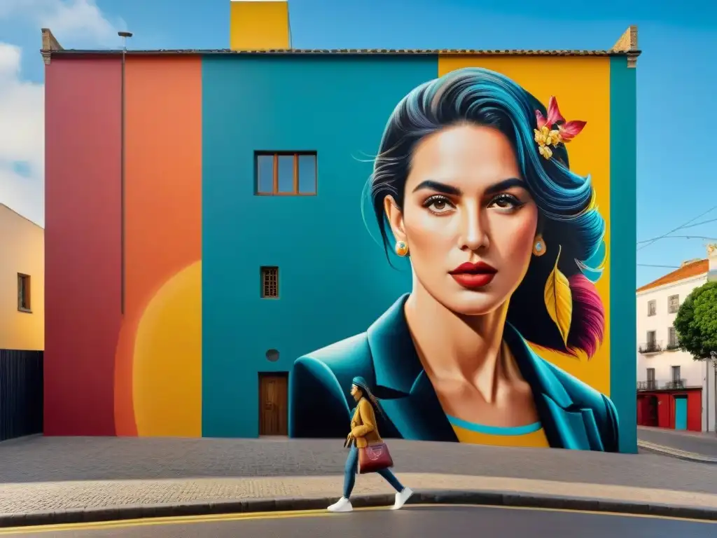 Un mural fotorealista en Uruguay que fusiona arte contemporáneo con la arquitectura tradicional, lleno de detalles y colores vibrantes