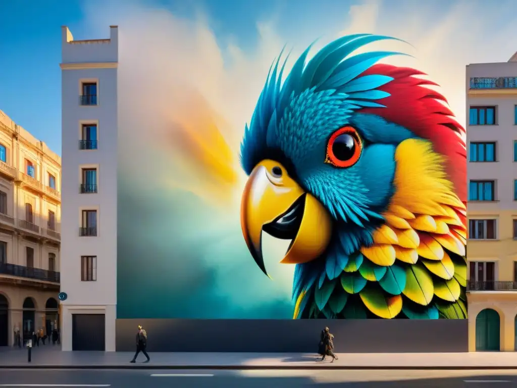 Un mural fotorealista de aves vibrantes en Montevideo, Uruguay