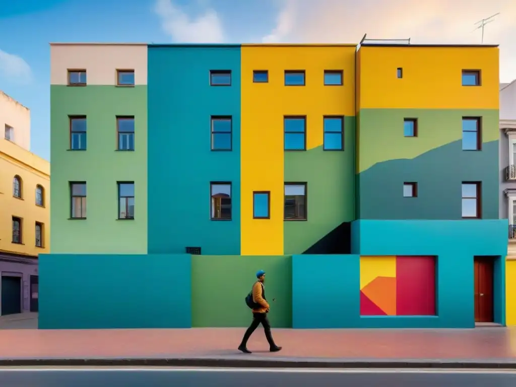 Un mural impactante de arte contemporáneo uruguayo en Montevideo, fusionando motivos culturales con elementos modernos