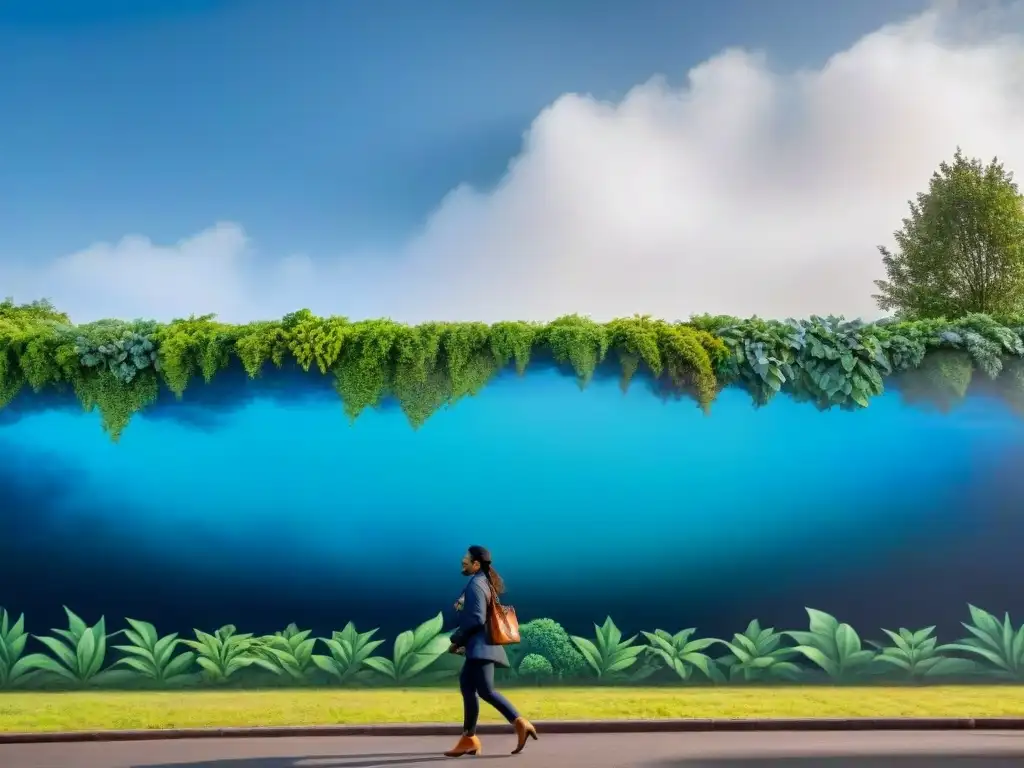 Mural impactante de artistas uruguayos luchando juntos contra la crisis climática, con energía renovable y naturaleza exuberante