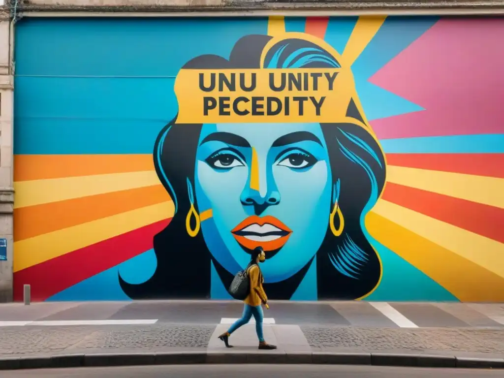 Un mural impactante en las calles de Uruguay con activistas diversos protestando pacíficamente, mostrando mensajes de unidad y cambio social