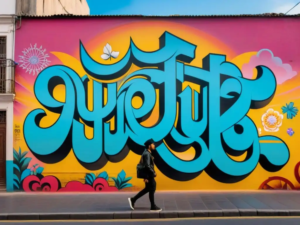 Un mural impactante en las calles de Montevideo, Uruguay, fusionando estilos tradicionales de graffiti uruguayo con influencias internacionales