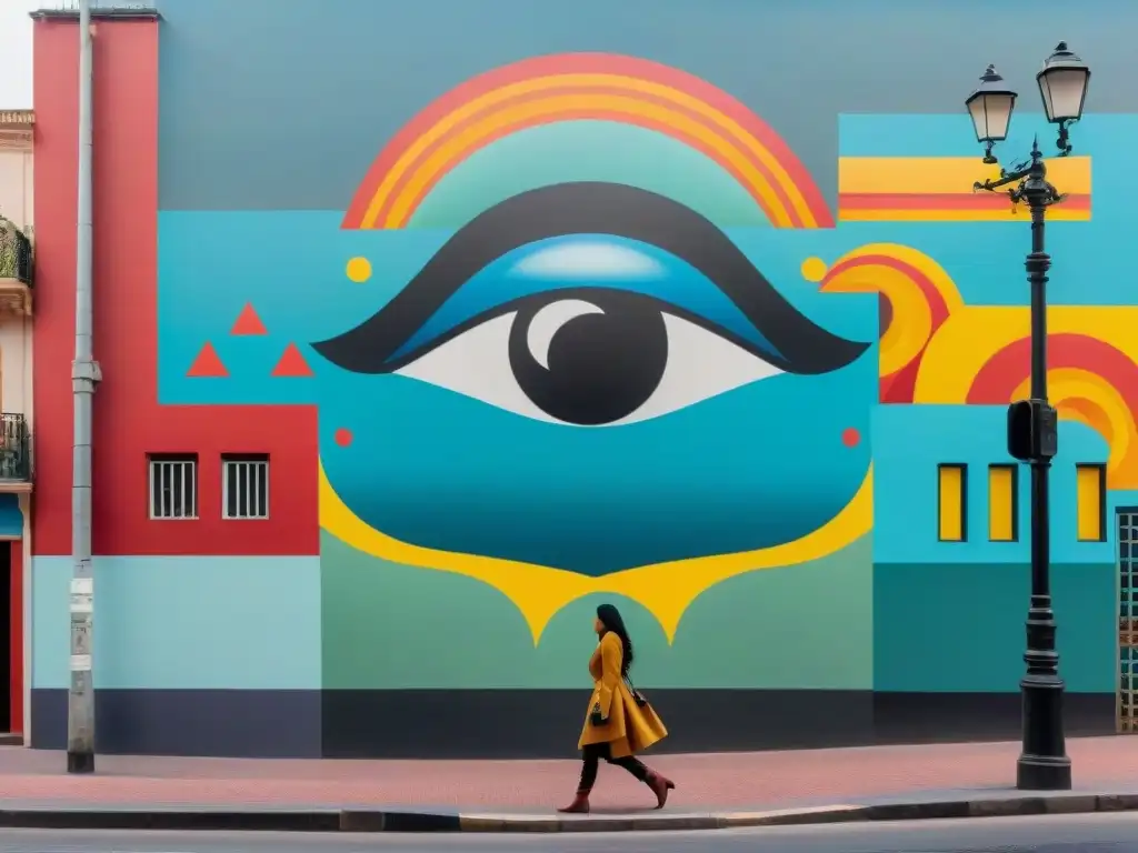 Un mural impactante en Montevideo, Uruguay, fusionando motivos folklóricos con técnicas revolucionarias de arte contemporáneo