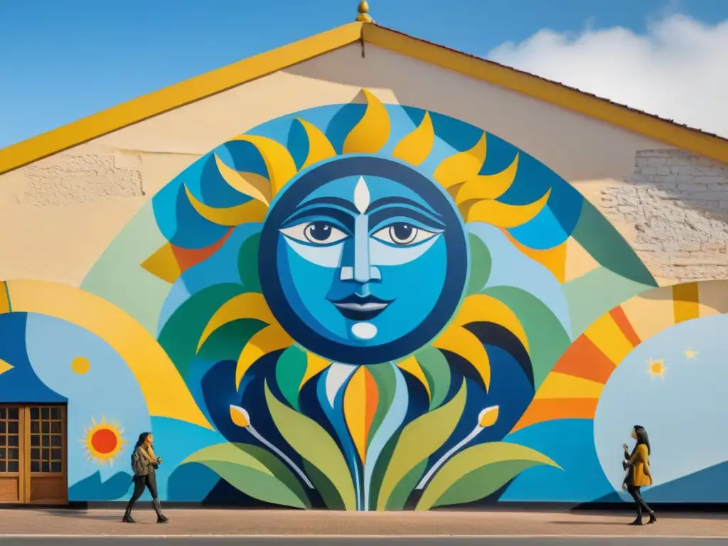 Un mural intrincado y colorido en una escuela pública de Uruguay, fusionando arte contemporáneo con cultura tradicional