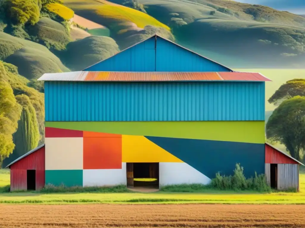 Un mural moderno y vibrante en un granero rústico del campo uruguayo