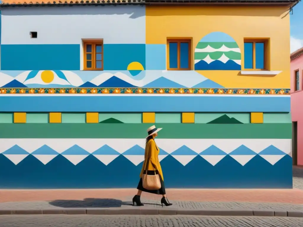 Un mural de mosaico vibrante en un callejón empedrado de un pueblo uruguayo, mostrando escenas culturales locales