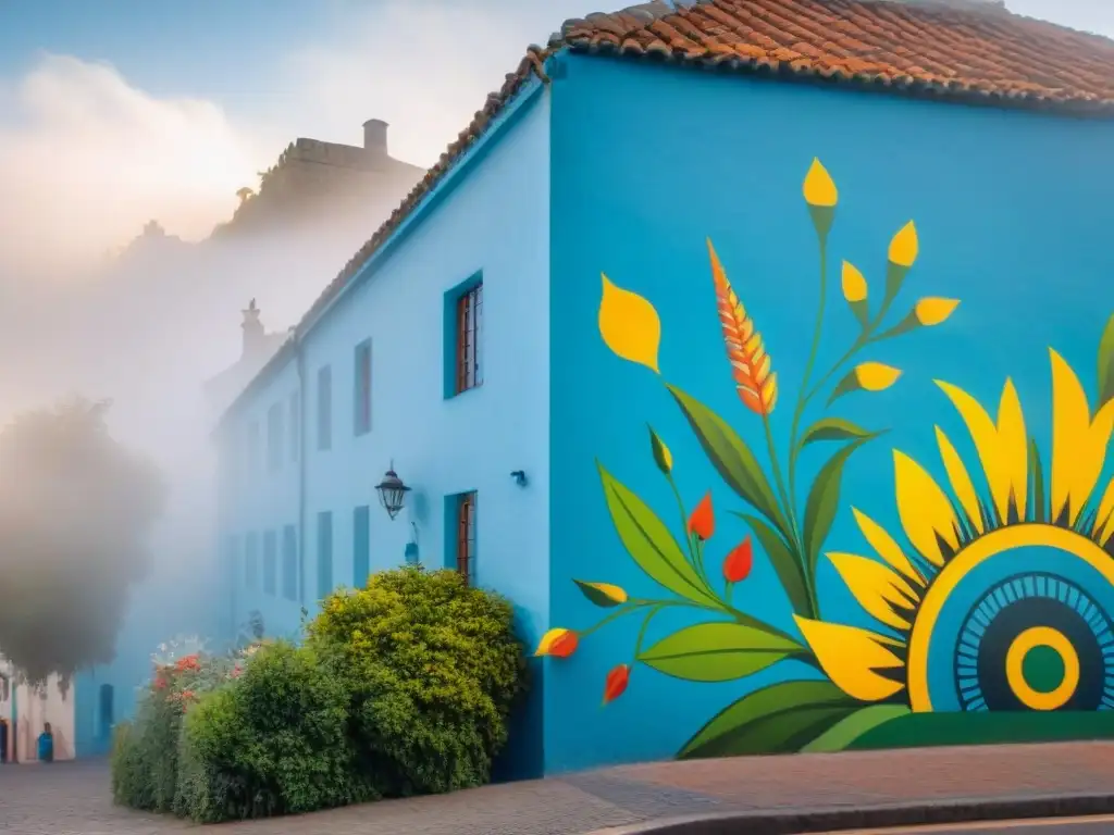 Un mural urbano en Uruguay fusionando arte contemporáneo e indígena, con colores vibrantes y diseños geométricos