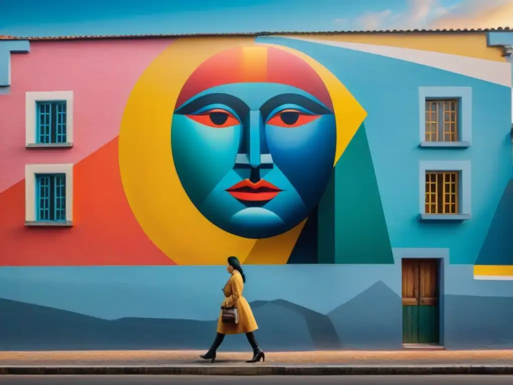 Mural urbano en Uruguay: Arte contemporáneo uruguayo vanguardista con formas geométricas y colores vibrantes