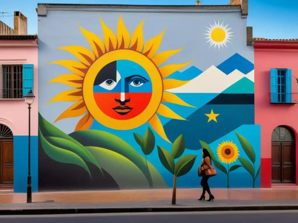 Un mural urbano en Montevideo, Uruguay, muestra arte contemporáneo uruguayo impacto cultural con símbolos tradicionales y colores vibrantes