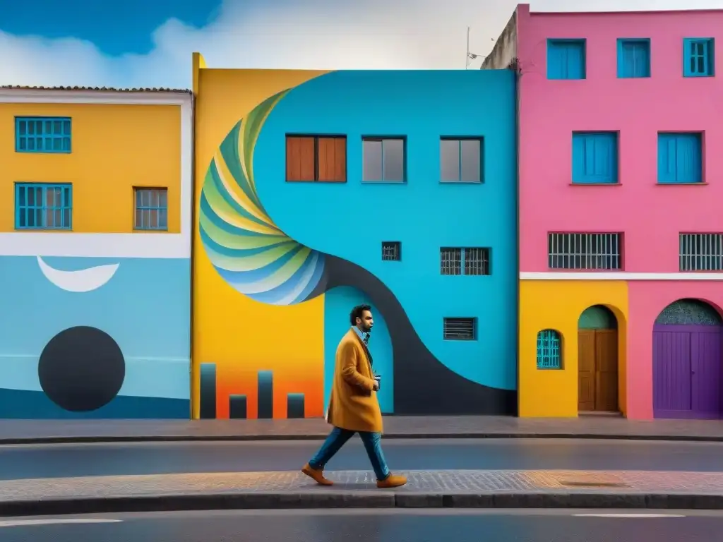 Un mural urbano en Montevideo, Uruguay, muestra artistas urbanos uruguayos historias con formas abstractas y colores vibrantes