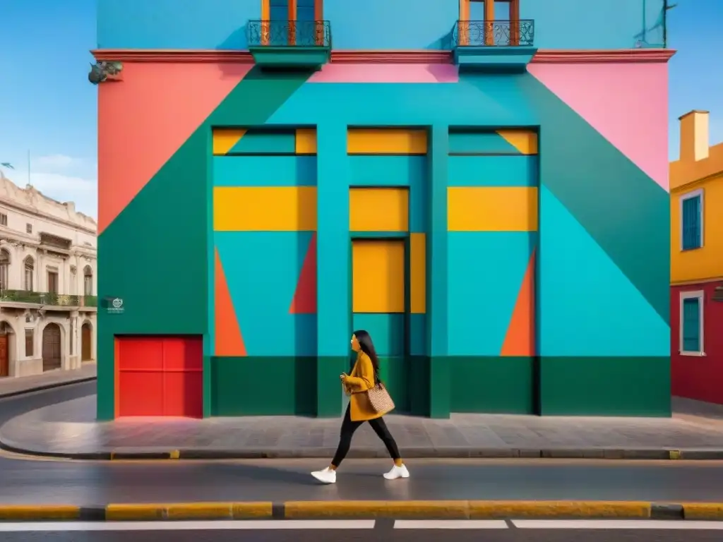 Un mural urbano contemporáneo en Montevideo, Uruguay fusionando arte callejero y patrimonio cultural, reflejando la escena artística de Uruguay