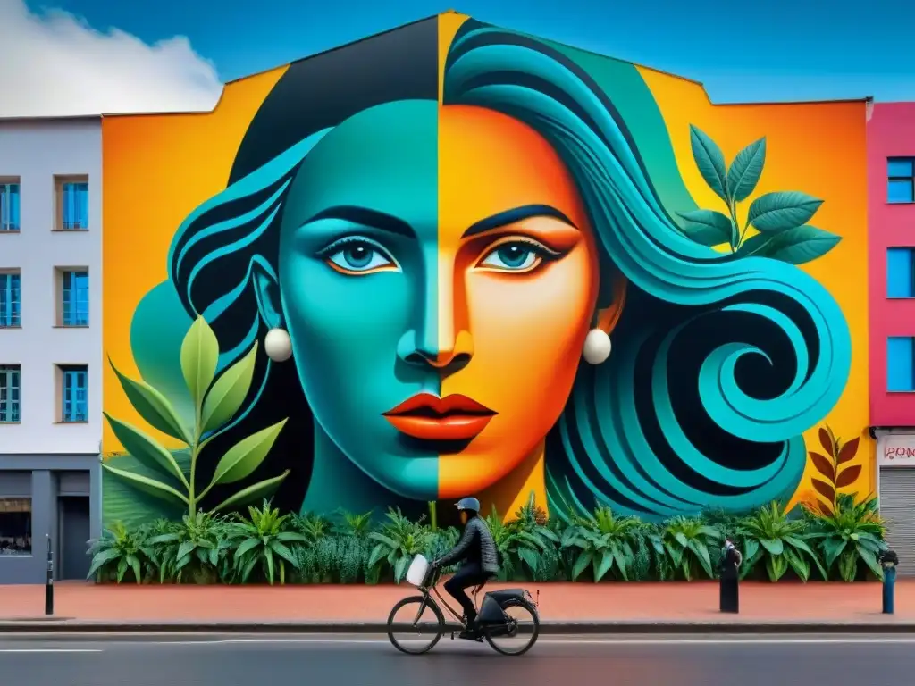 Un mural urbano en Montevideo con flora y fauna nativa fusionada con tecnología ecoamigable, reflejando la armonía entre naturaleza e innovación