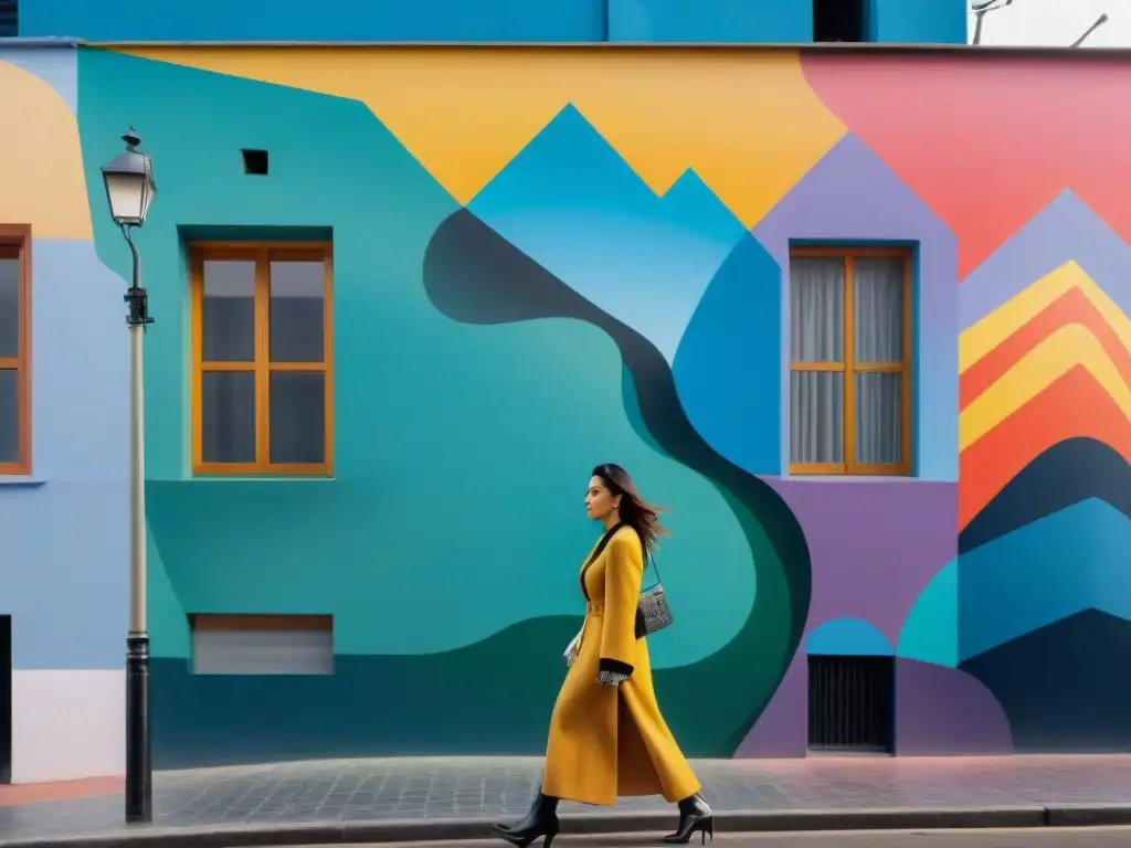 Mural urbano en Montevideo, Uruguay, con formas abstractas y colores vibrantes simbolizando autoregulación en arte contemporáneo