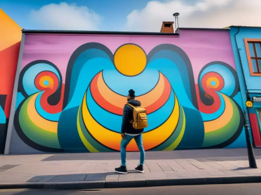 Un mural urbano intercultural de Uruguay, fusionando símbolos y colores en una obra rica y diversa