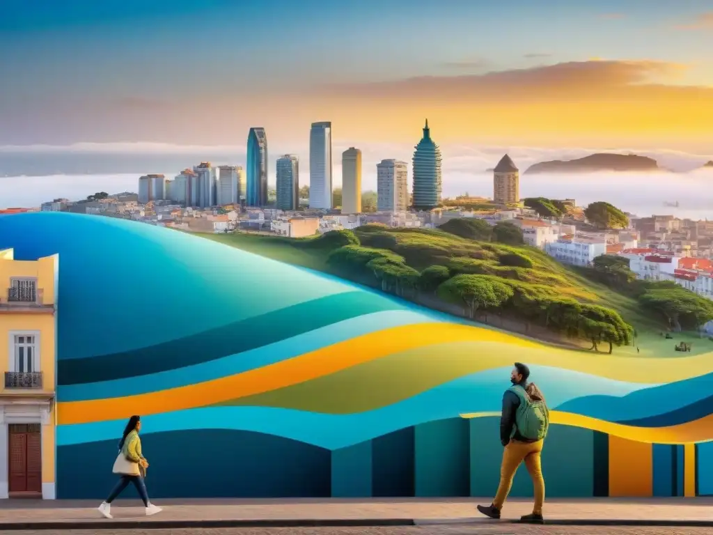 Un mural urbano transformando la percepción en Montevideo, Uruguay, fusiona paisajes tradicionales con elementos futuristas