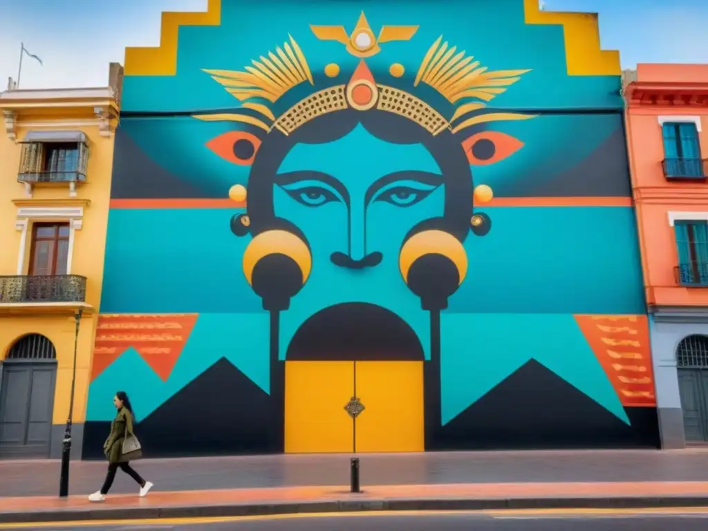 Mural urbano vibrante en Montevideo fusionando arte contemporáneo Uruguay tecnología con símbolos antiguos y elementos futuristas