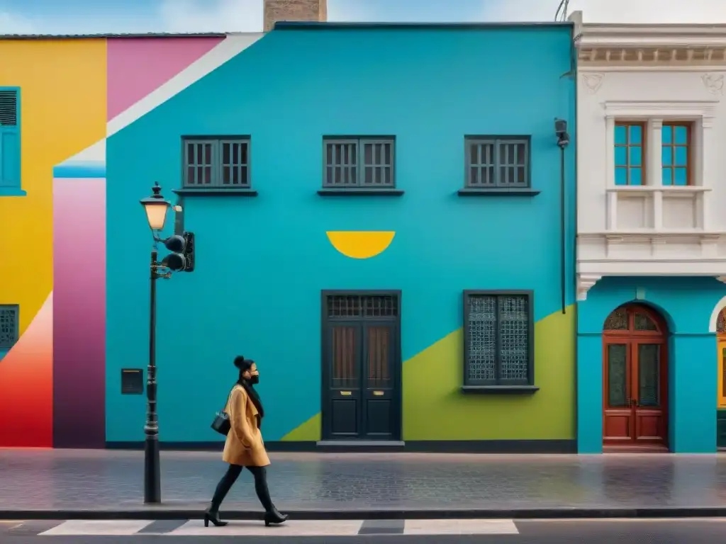 Un mural urbano vibrante en Montevideo, Uruguay, que representa la evolución del arte contemporáneo uruguayo y su impacto en la sociedad