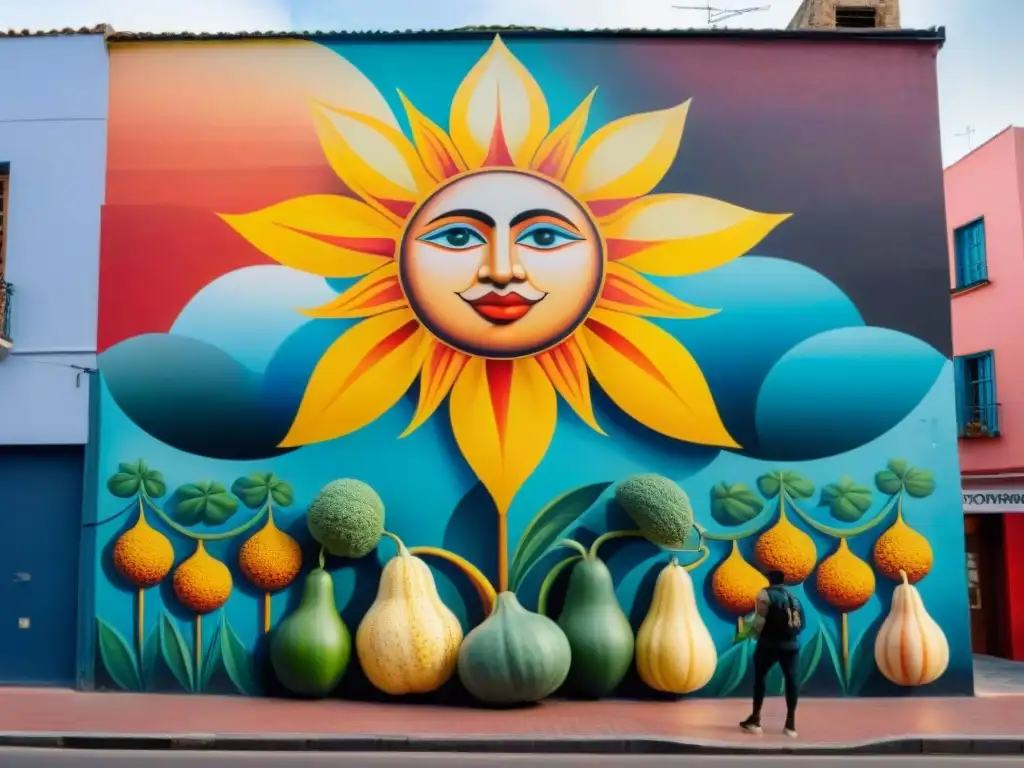 Un mural urbano vibrante y colorido en Montevideo, Uruguay, con símbolos culturales uruguayos, como el sol de mayo y bailarines de tango