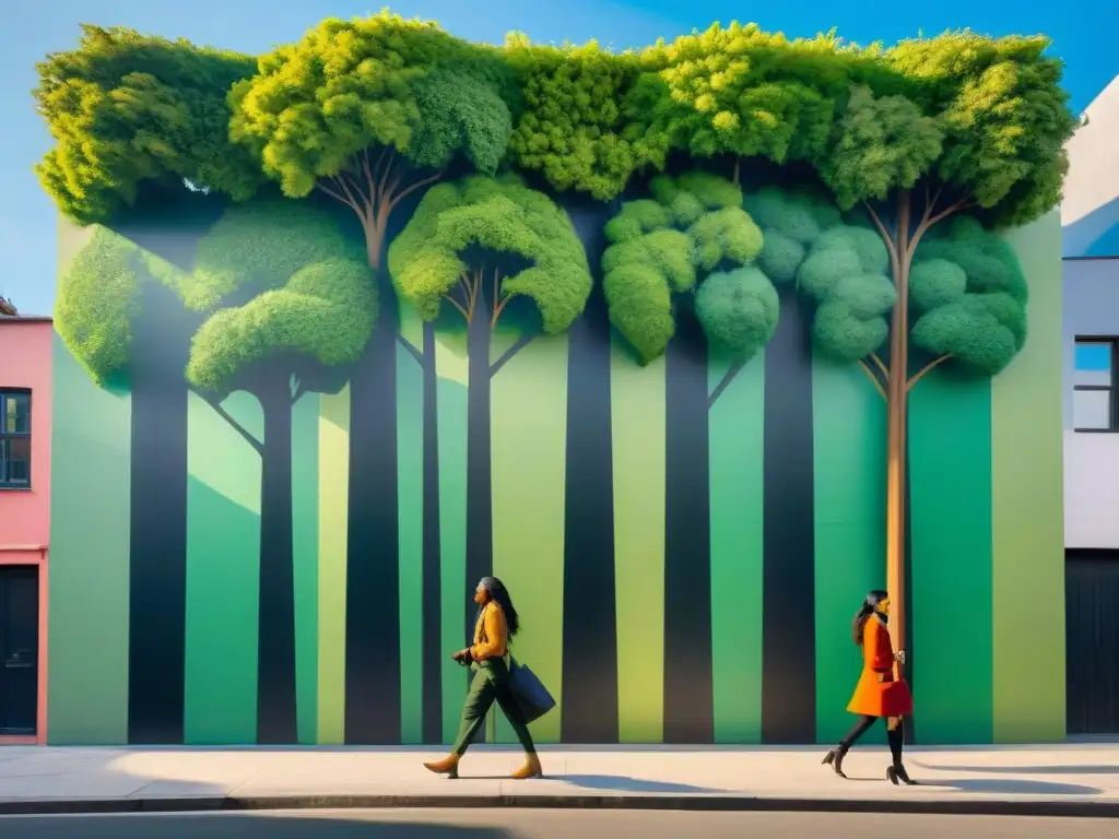 Un mural urbano vibrante y detallado que representa la unión de personas cuidando el ambiente