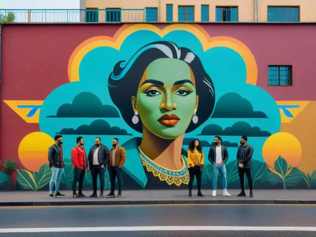 Un mural urbano vibrante en Montevideo, Uruguay, reflejando la diversidad social y un mensaje de esperanza