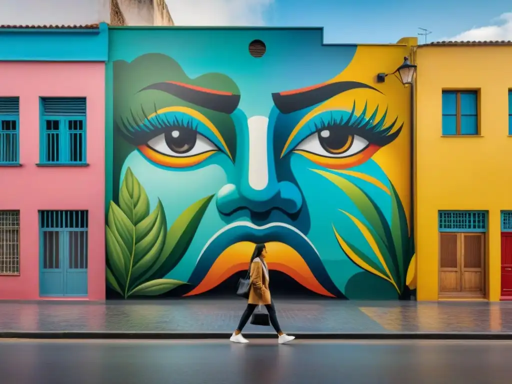 Un mural urbano vibrante en Uruguay que refleja la diversidad y la unión en una plaza central, rodeado de edificios coloridos y vegetación exuberante