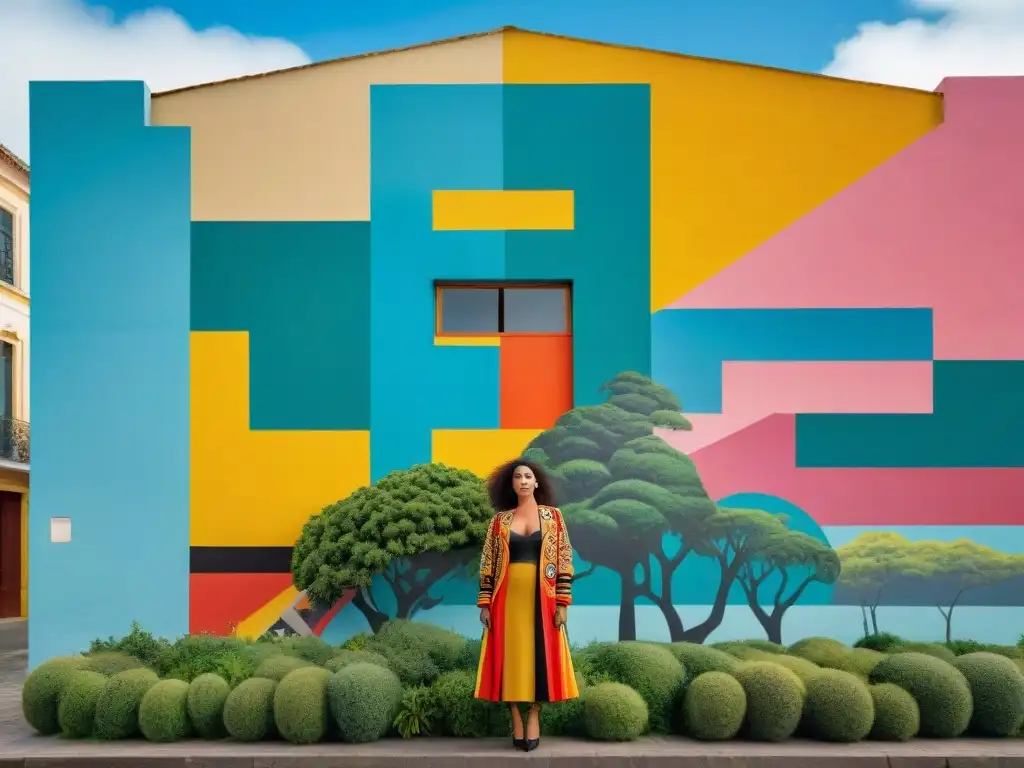 Mural urbano en Montevideo: expresión artística vibrante y diversa Mural urbano vibrante en Montevideo, con estilos artísticos contemporáneos y la influencia cultural de Uruguay