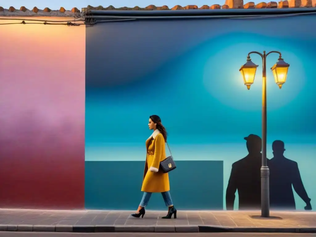 Un mural urbano vibrante en Montevideo, Uruguay, iluminado por la luz de la calle y la luna