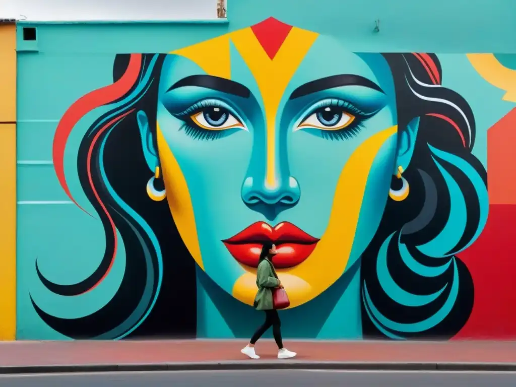 Un mural urbano vibrante en Montevideo, Uruguay, fusionando motivos tradicionales con técnicas modernas