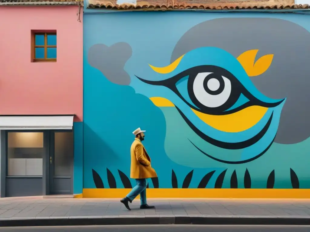 Un mural urbano vibrante en Montevideo, Uruguay, fusionando motivos tradicionales con técnicas contemporáneas