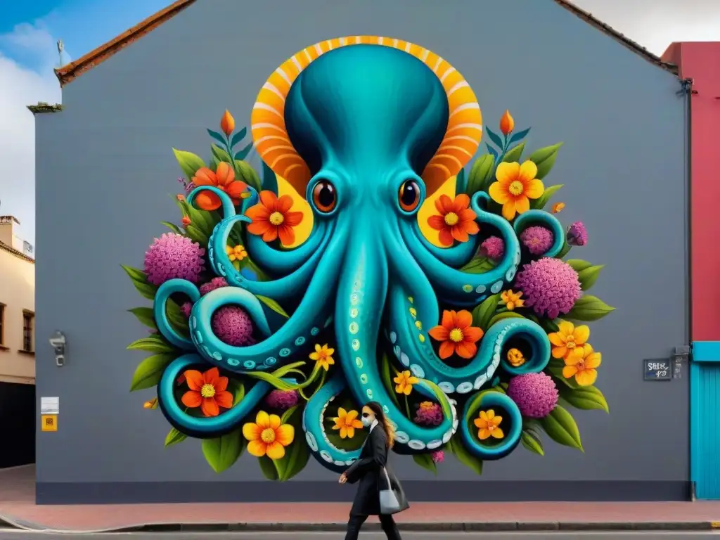 Un mural urbano vibrante en Montevideo: un pulpo gigante entrelazado con flores y formas abstractas, ¡una obra de arte hipnotizante!