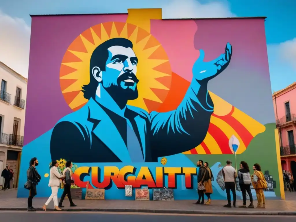 Mural vibrante de activistas uruguayos en festivales arte, con protestas creativas y símbolos de justicia social