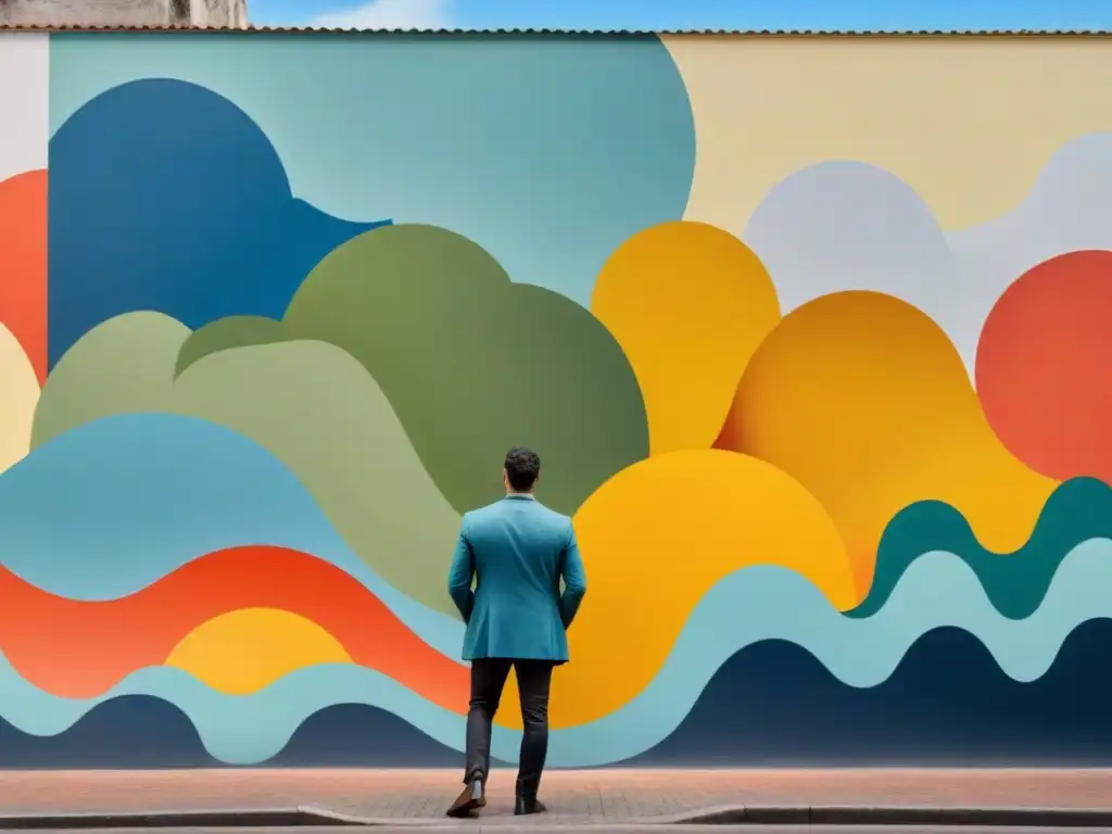 Un mural vibrante de arte contemporáneo uruguayo impacto cultural con formas abstractas y colores intensos