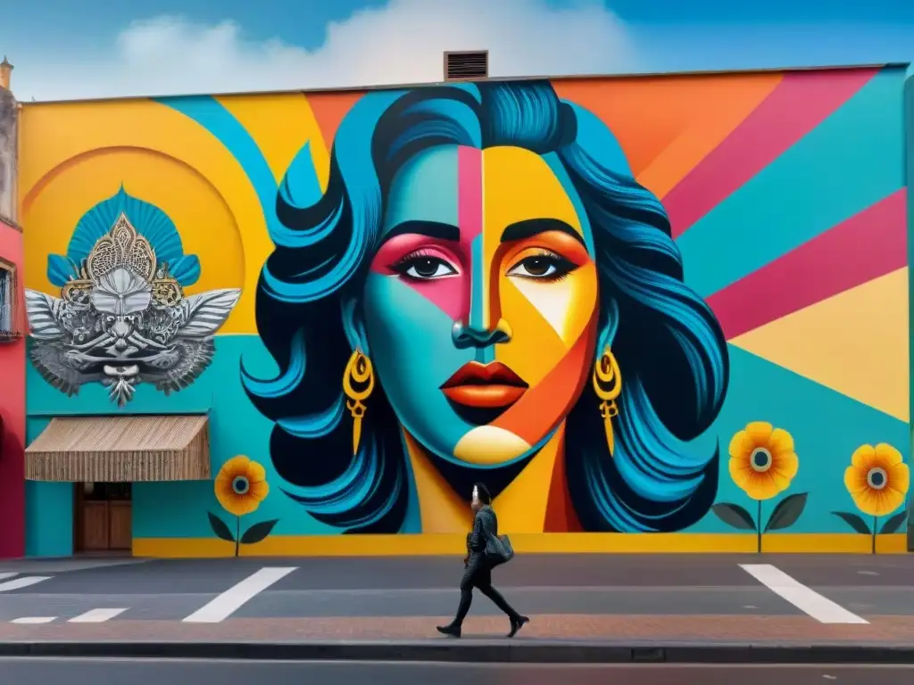 Un mural vibrante de arte contemporáneo uruguayo impacto social en Montevideo, con colores audaces y figuras simbólicas